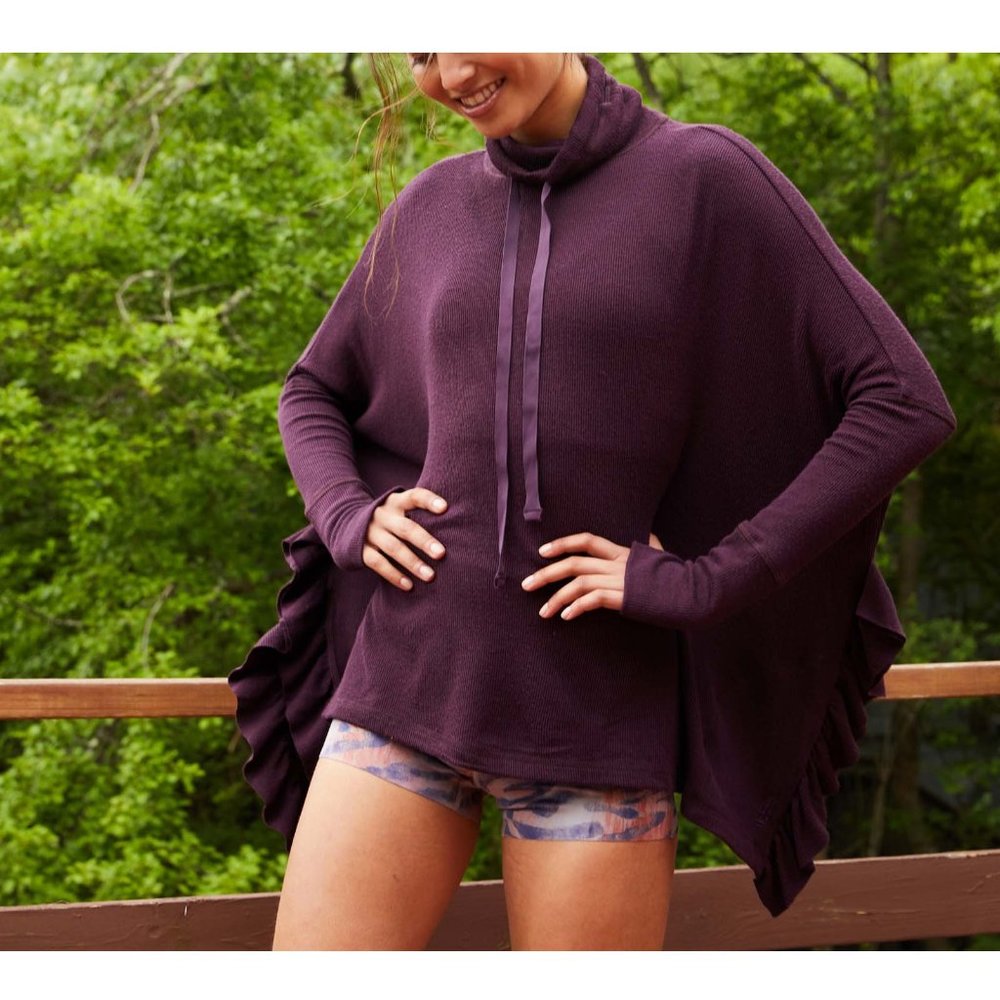 NWOT FP Movement Come Closer Too, Black Raisin, Ruffle, Ribbed Knit, Thumb hole